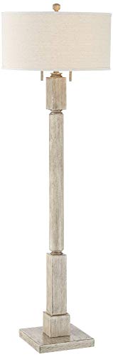 Barnes And Ivy Baluster Traditional Country Cottage Standing Floor Lamp 63.5" Tall Rustic Whitewashed Pickled Wood Oatmeal Linen Fabric Drum Shade Decor For Living Room Reading House #TOP1