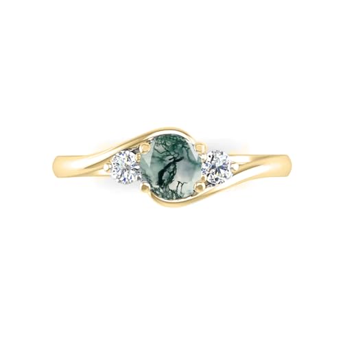 Natural Moss Agate Ring Solid 10K 14K 18K Real Gold Green Moss Agate Engagement Ring with Moissanite, Personalized Promise Ring Jewelry Gift for Women