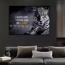 LMAIWANG 'I Never Lose' plakat motywacyjne cytaty sztuka ścienna obraz na płótnie nadruk lampart zwierzę obraz salon wystrój domu Cuadros (70 x 100 cm/rama)