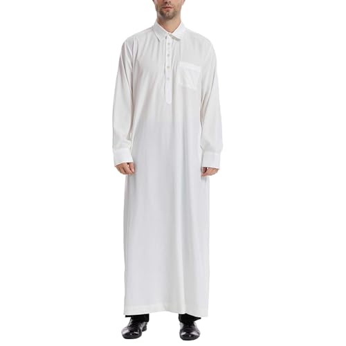 Mens Kaftan Muslim Outfits Thobe Collared Button Down Casual Shirts Long Sleeve Moroccan Caftans with Pocket