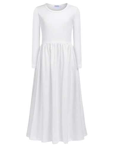 Arshiner Mädchen Kleid Langarm Maxikleid Kinder Einfarbig Maxilangkleid Herbst Winter Swing Skaterkleid Basic Freizeitkleid mit Taschen Partykleid Gr. 98-152