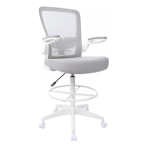 Pemberly Row Modern Flip Arm Nylon Mesh Office Stool, Gray Upholstered Foam Seat, Pneumatic Height Adjustment, Spring Tilt Mechanism, Chrome Foot Ring, Ergonomic Design, 275 lb Capacity, 24.5