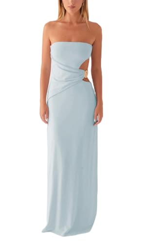 Image of Cut Out Maxi Tube Dresses for Women Sexy Y2k Strapless Backless Bodycon Long Dress Summer Sleeveless Hollow Sundress