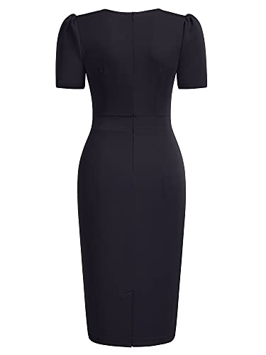 Knitee Women's Retro Business V Neck Short Puff Sleeve Ruffle Cocktail Dress #TOP4