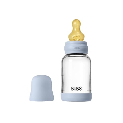 Image of BIBS Baby Glass Bottle. 4 US fl oz / 120 ml. Anti-Colic. Vented Round Natural Rubber Latex Nipple. Supports Natural Breastfeeding, Slow Flow, Complete Set - Baby Blue