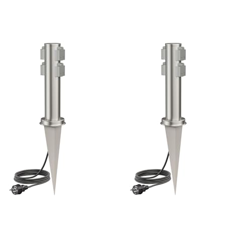 ledscom.de 2 Stück Garten-Steckdosen-Säule PORU mit Erdspieß und 2m Kabel für außen, 4-Fach, Edelstahl, rund, 38cm