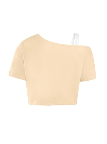 Image of Girls Off The Shoulder Tops Asymmetrical Short Sleeve Crop Top Cute Summer Tee Shirts Apricot 9-10 Years