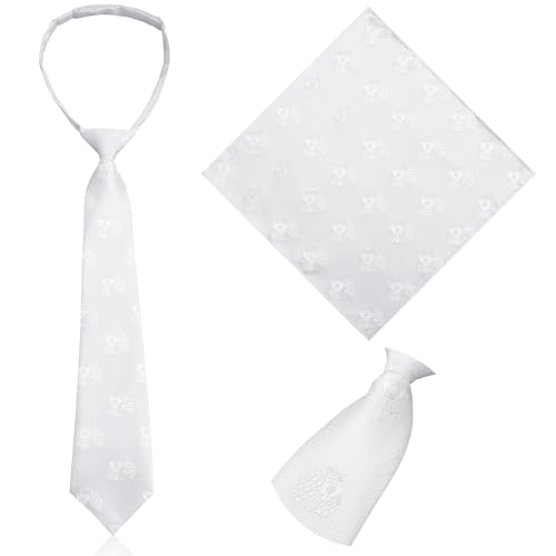 2 Pcs Boys First Communion Tie and Hanky Set, 1st Communion Satin Necktie Embroidered with the Chalice