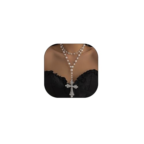Crystal Cross Layered Pearl Chain Pendant Necklace Dainty Large CZ Cross Pearl Y Necklace Silver Rhinestone Cross White Chunky Pearl Chain Necklace for Women Punk Beaded Faux Pearl Choker Necklace Faith Protection Jewelry