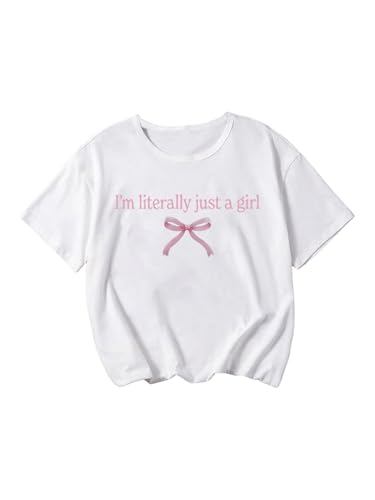 Image of RoseSeek Girl's Bow Graphic Tees Crew Neck Short Sleeve Summer T Shirts Preppy Cute Clothes for Girls