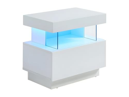 Vente-unique - Table de Chevet 1 tiroir et 1 Niche - avec LEDs - MDF - Blanc laqué - Fabio II