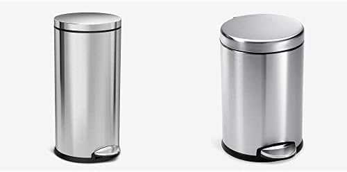 simplehuman 30 Liter / 8 Gallon Round Step Trash Can, Brushed Stainless Steel & Gallon Round Bathroom Step Trash Can, 4.5 Liter / 1.2 Gallon, Brushed Stainless Steel