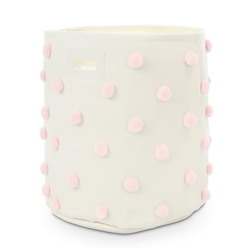 Sunnymove Pink 17.5' D x 20.8' H Pom Pom Basket Bin Large Cotton Canvas Laundry Hamper Baby Girl Laundry Basket Storage, Baby Nursery Hamper for...