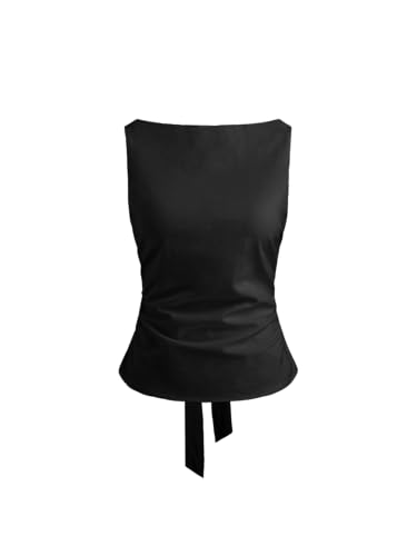 CIDER Shirts for Women Boat Neck Sleeveless Tank Top Linen Blend Solid Bowknot Regular Fit Blouses Woman Black