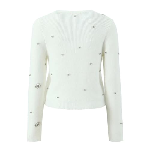 Women Rhinestones Hollow Knit Cardigan Slim V-Neck Bow Long Sleeves Sweater Outerwear2