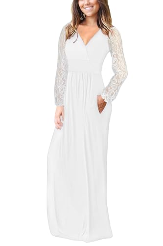 Image of AUSELILY Womens Long Sleeve Maxi Dress 2026 Fall Lace Long Sleeve Dress V Neck Wrap Waist Long Dresses with Pockets