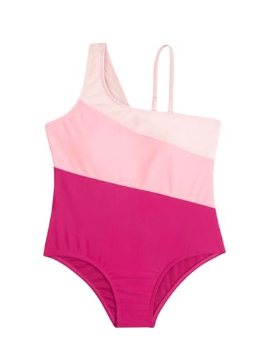 OYOANGLE Girl's Color Block Tummy Control One Piece Swimsuit Asymmetrical Neck Monokini Bathing Suits