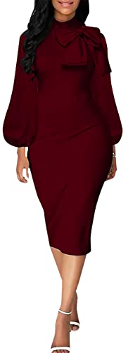 Image of Sexy Long Sleeve Dress for Women Solid Color Bow Knot Turtleneck Formal Gown Midi Casual Church Dresses