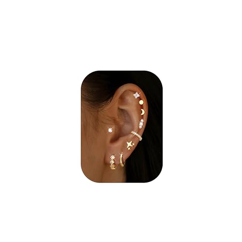 Dochais 14K Gold Plated Surgical Steel Earrings 9 Pairs Flat Back Earrings Small Cartilage Hoop Earring for Women Trendy Hypoallergenic Flatback Stud Stacks for Multiple Piercing Lightweight Jewelry by Dochais - Used condition - US$8.99