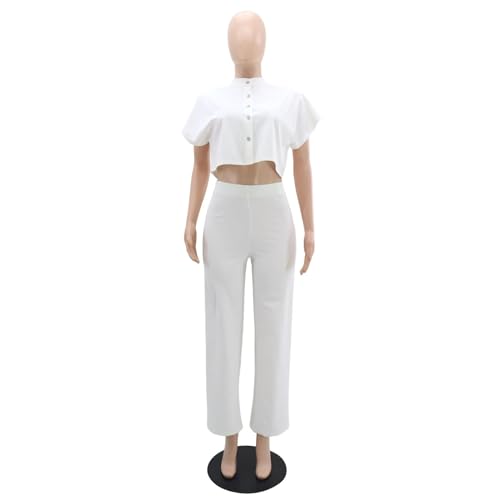Women's Single Breasted Stand Collar Short Sleeve Shirt And Full Length Wide Leg Pants Suit2
