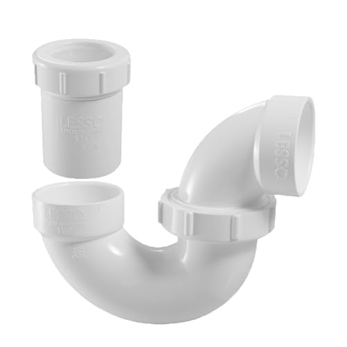 Image of LESSO PVC P Trap 1 1 /2 Inch | DWV PVC Fitting for RV Drain Bathroom Kitchen Sink Drain Pipe Tubular Kit with White Threaded Adapter Ring