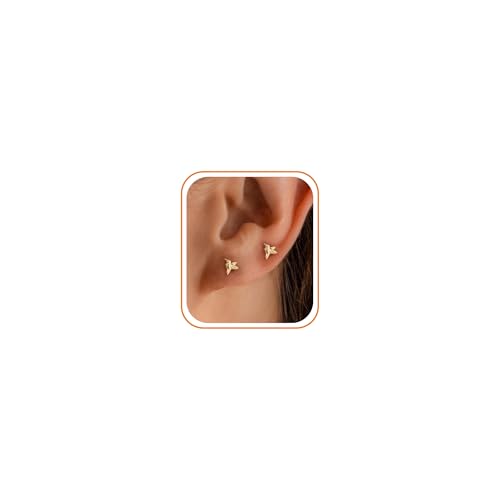 BSGRL Flat Back Earrings - 2pcs 14k Gold Plated Tiny Cute Hummingbird Flat Back Stud Earrings For Women Cartilage Helix Tragus Flatback