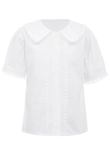 Kids Girls Lace Trim Short Puff Sleeve Dress Shirts Button Down Blouse School Uniform Shirts Princess Tops3
