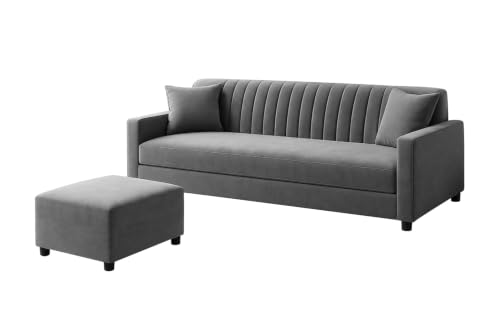 Image of 3-Seater Wooden Sofa Set with Matching Ottoman, Soft Velvet Upholstery, Comfortable Couch for Living Room, Office & Apartment - Grey Color