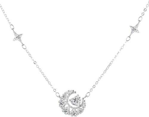 14K Gold 0.5 Carat D-Color Diamond Heart Necklace, Moon and Galax...