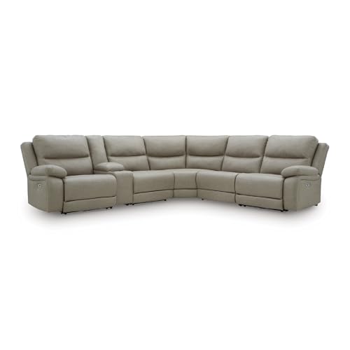 Signature Design by Ashley Brannigan L-Shape Right-Arm Facing Contemporary Faux Leather 6-Piece Reclining Sectional with Storage Console and Adjustable Headrest, Light Gray