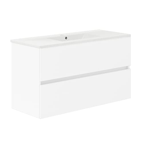 Baikal, Conjunto de baño Natura. Mueble de Baño de Fondo Reducido, con Lavabo cerámico. Distribución Dos Cajones. Mueble MONTADO. Dos Cajones sin Espejo. Fondo 39cm 100 cm Blanco