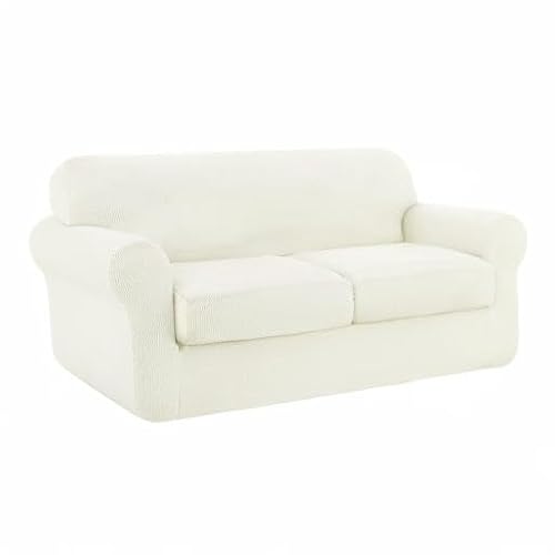 SUBRTEX 3 Piece Sofa Cover High Stretch Couch Slipcover for 2 Cushion Soft Sofa Slipcover Loveseat Cover Jacquard Fabric Furniture Covers with Elastic Bottom Machine Washable(White,Loveseat)