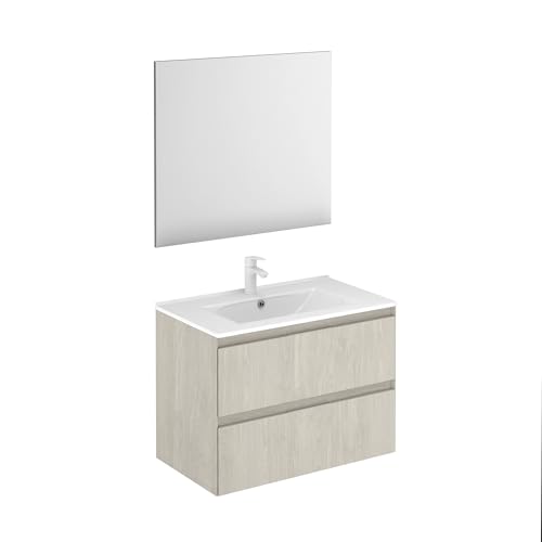 AMIZUVA - Conjunto de Mueble de Baño Suspendido Serie Talia, Incluye Lavabo Cerámico y Tirador Metálico, Acabado en Roble Blanco - Dimensiones 80x56,5x45 cm - imagen 2