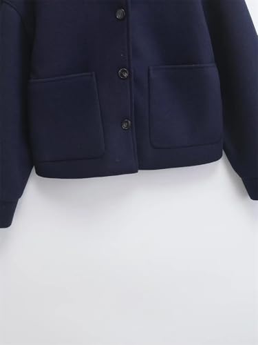 Chic Navy Blue Women's Loose-Fit Woolen Jacket with Pockets for Effortless Style - Image 4