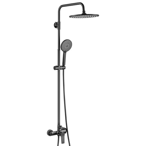 Auralum Colonne de Douche Noir Mat avec Mitigeur, Ensemble de Douche Rond Réglable 90-130cm, Ciel de Pluie Ø 25cm et Douchette 3 Jets, Système de Douche Anti-Calcaire Design Moderne