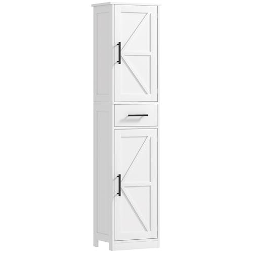 HOMCOM Armario Alto de Baño Estrecho con 2 Puertas 1 Cajón y 2 Estantes Ajustables Columna de Baño Estilo Rústico para Salón Aseo Cocina 40x30x170 cm Blanco