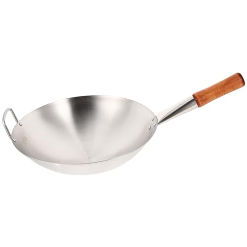 Yardwe Stainless Steel Wok Pan Pow Wok Stir Fry Pans Chinese Cooking Pan with Wooden Handle for Home Professional Cooking Outdoor 32CM