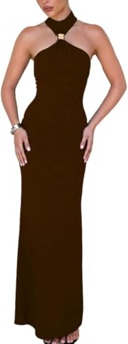 Image of Women High Neck Bodycon Dress Summer Casual Sleeveless Back Slit Elegant Party Cocktail Maxi Formal Dresses