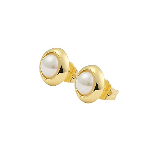 14k Gold Plated Brass Bezel Simulated Pearl Stud Earrings3