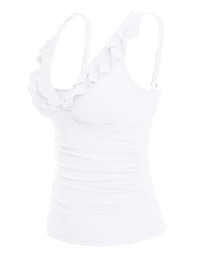 Image of Ruffle V Neck Tankini Top Only Women Tummy Control Swimsuit Tank Top | Removable cups for custom bust lift, Blend soft spandex to stretch easily