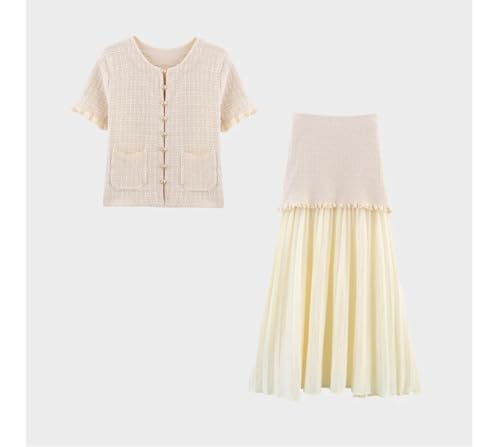 Women Spring Round Neck Buckle Decoration Versatile Short Sleeve Knitted Cardigan Half Skirt Set2