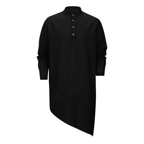Mens Kaftan Robe Thobe Linen Long Sleeve Henley Shirt Casual Button Down Band Collar Muslim Gown Kurta Tops Beach Tees3