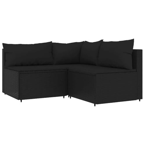 vidaXL Garten Lounge Set 3-TLG., Gartenmöbel Set mit Kissen, Sitzgruppe für Garten Terrasse, Modular Sofa Garnitur Loungemöbel, Schwarz Poly Rattan