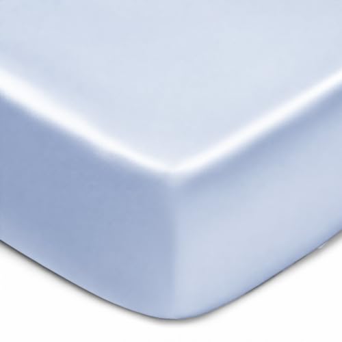 Image of Satin Crib Sheet for Baby Hair Care - Oeko-TEX Certified Silky Soft Fitted Mattress Cover 28x52 - Breathable & Gentle on Skin, Snug Fit for Standard Crib (Light Blue)