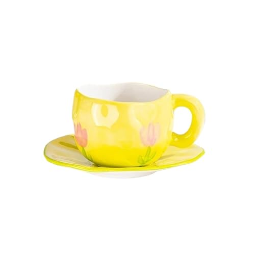 Taza de cerámica irregular creativa pintado a mano flor nubes taza de café con plato desayuno leche té tazas hechas a mano (amarillo)