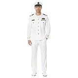 Contenu : l'ensemble comprend un haut boutonné blanc avec des détails dorés, des épaulettes noires et un badge de capitaine noir, un pantalon assorti et un chapeau de capitaine blanc avec un badge doré, fournissant un ensemble complet de capitaine marin.