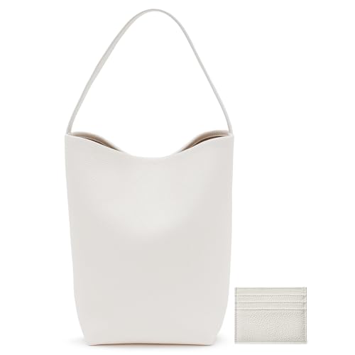 Genuine Leather Bucket Bag with Credit Card Holder Wallet Large Calf Leather Hand Bag Calfskin Tote Bag (White Medium)