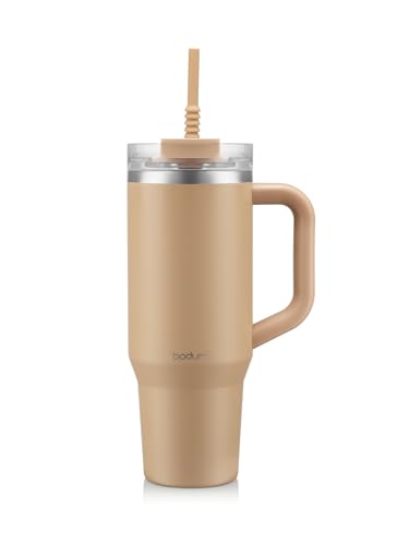 Bodum Travel Mug Tumbler 1,2 L Biscuit Beige – Bouteille en métal marron avec paille, poignée et couvercle – Passe au lave-vaisselle – Pour boissons...