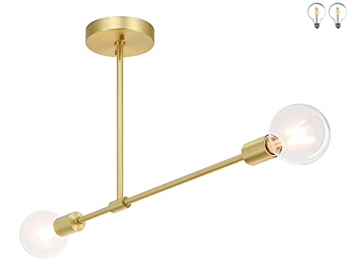 XiNBEi Lighting Semi Flush Mount Ceiling Light, Vintage Sputnik Satin Brass Close to Ceiling with 2 LED Bulb for Bedroom Living Room XB-SF1234-2-SB-G30