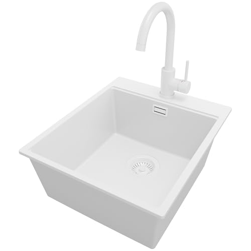 PRIMAGRAN Fregadero Granito Todo Blanco 43x50cm, Fregadero Cocina 1 Seno + Sifón + Grifo 32x20cm, Fregadero sobre encimera al mueble 45cm - Oslo